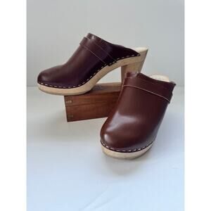 Maguba Women’s 39 Brown Leather Wooden Heel Clogs Scandinavian Handmade Style